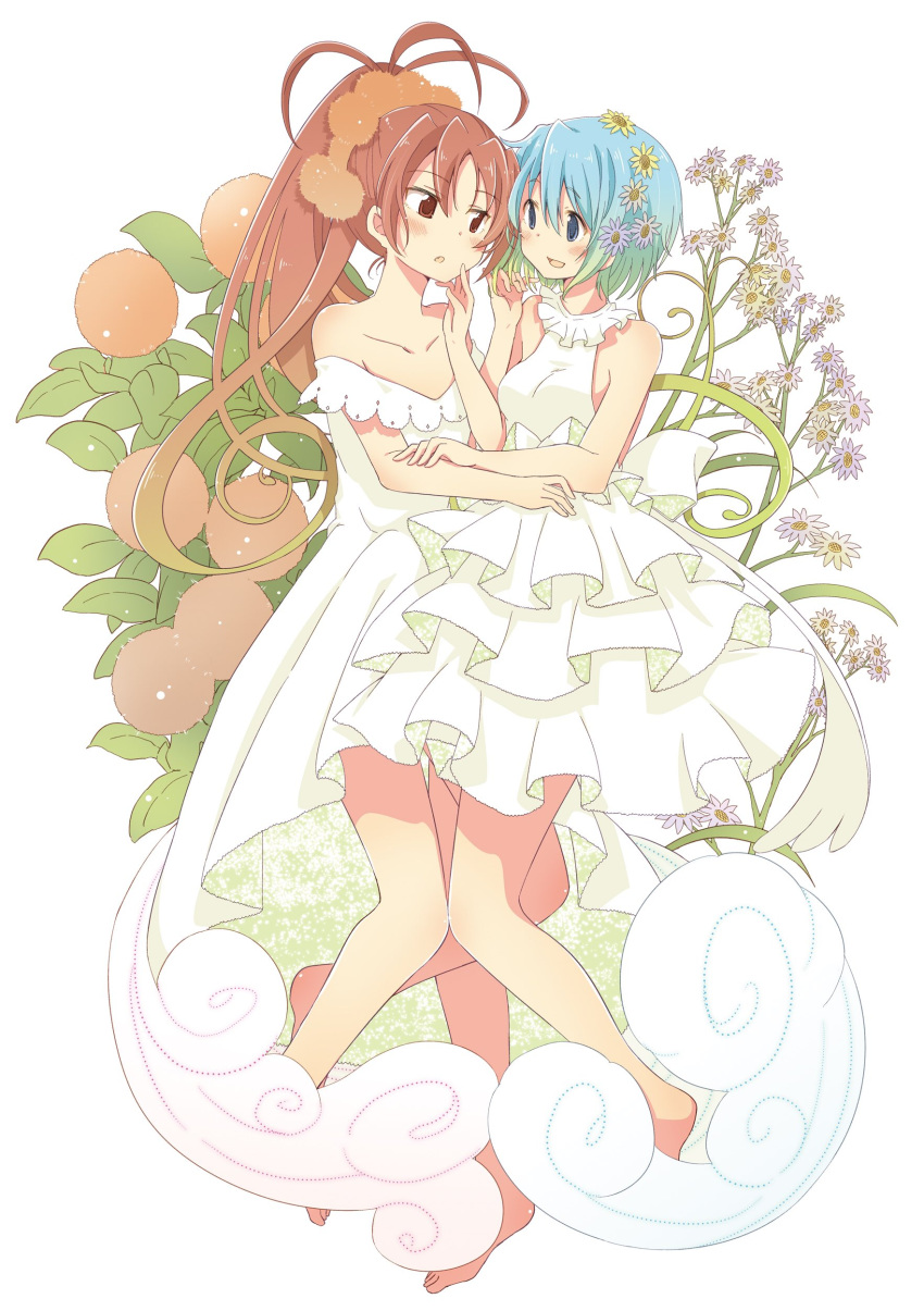 2girls absurdres antenna_hair bare_shoulders blue_hair breasts collarbone dress finger_to_another's_cheek flower gradient_hair green_hair hand_on_another's_arm highres mahou_shoujo_madoka_magica miki_sayaka multicolored_hair multiple_girls pikachi playing_with_another's_hair ponytail red_hair sakura_kyouko short_hair strapless strapless_dress white_dress yuri