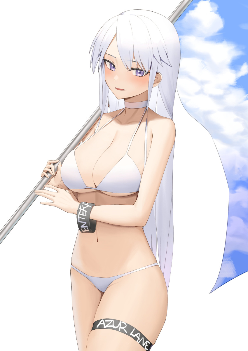 1girl absurdres alternate_costume azur_lane bare_arms bare_shoulders bikini breasts choker cleavage cowboy_shot enterprise_(azur_lane) flag halterneck highres holding large_breasts long_hair looking_at_viewer lordol navel open_mouth purple_eyes sidelocks skindentation smile solo stomach string_bikini swimsuit thigh_strap thighs very_long_hair white_bikini white_choker white_hair wristband