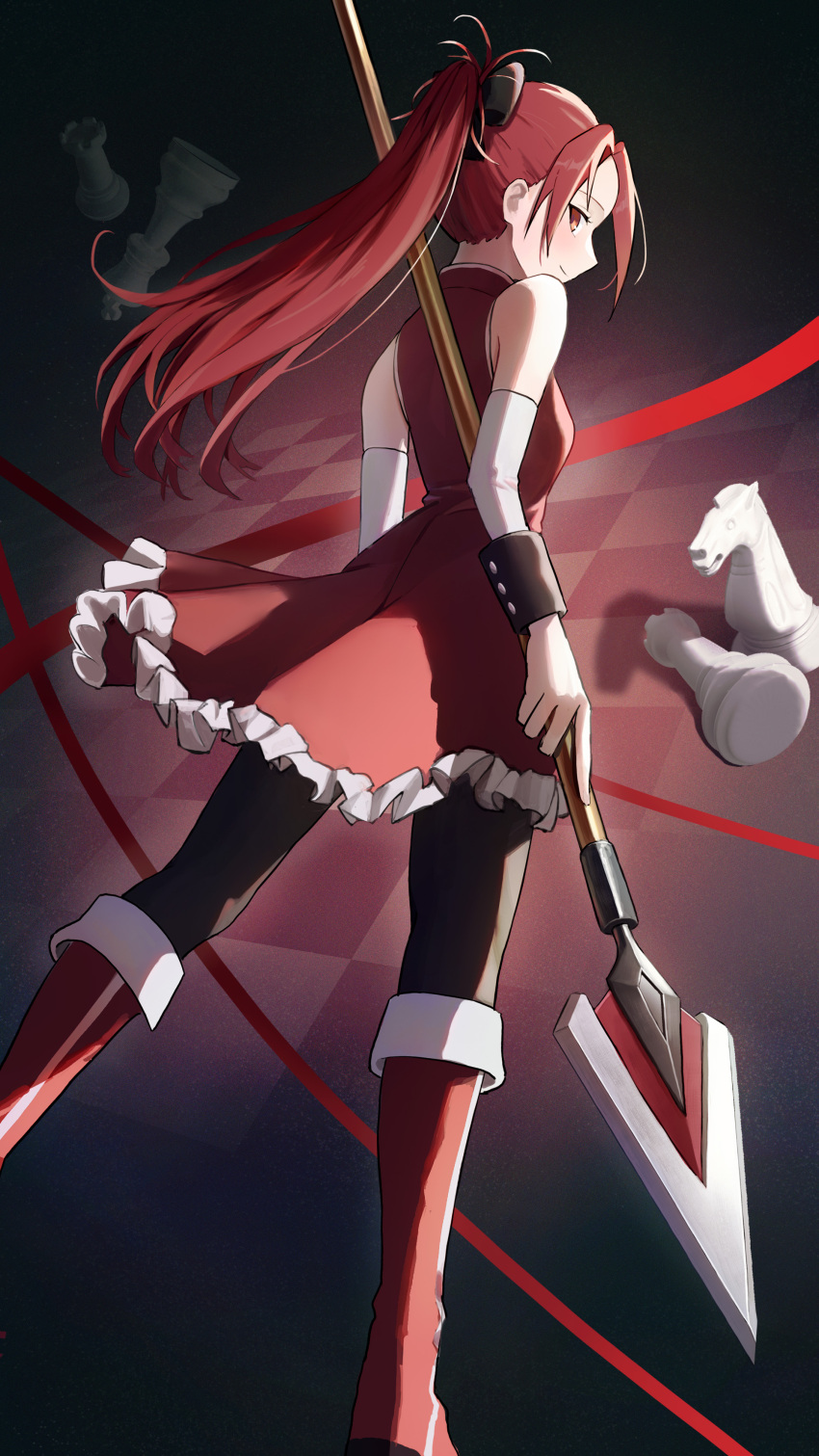 1girl absurdres black_bow boots bow checkered_background chess_piece feet_out_of_frame from_behind full_body hair_bow highres holding holding_polearm holding_weapon knee_boots long_hair looking_at_viewer looking_back mahou_shoujo_madoka_magica mahou_shoujo_madoka_magica_(anime) nyanko960121 polearm ponytail red_eyes red_footwear red_hair red_ribbon ribbon sakura_kyoko solo weapon zettai_ryouiki