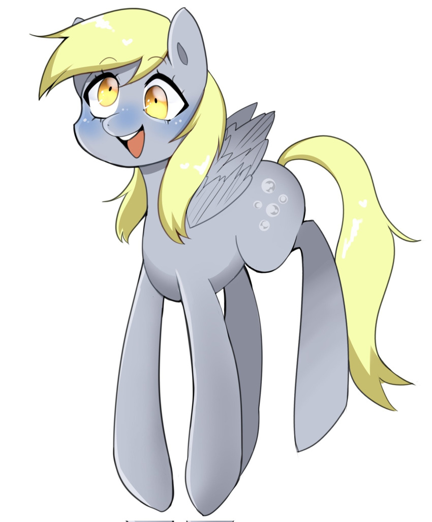 blonde_hair blonde_mane cutie_mark derp_eyes derpy_hooves_(mlp) digital_media_(artwork) equid equine eyelashes feathered_wings feathers female feral friendship_is_magic fur grey_body grey_feathers grey_fur hair happy hasbro hi_res mammal mane my_little_pony open_mouth open_smile parappaya pegasus simple_background smile solo tail white_background wings yellow_eyes yellow_tail