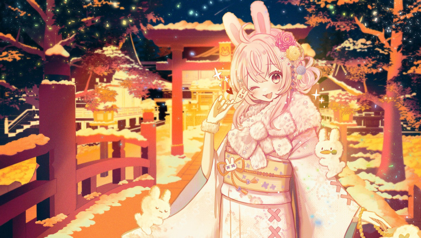 1girl :3 ;3 ;d ahoge animal_ears architecture blue_bow bow bridge carrot closed_eyes commission crossed_bangs east_asian_architecture flower fur_collar fur_cuffs hair_between_eyes hair_bow hair_flower hair_ornament hair_up hand_up heart highres japanese_clothes kimono long_hair long_sleeves looking_at_viewer melty_(corolla) multiple_hair_bows night night_sky obi one_eye_closed open_mouth outdoors path phase_connect pink_bow pink_eyes pink_flower pink_hair pink_kimono pipkin_pippa rabbit rabbit_ears rabbit_girl sash shooting_star sidelocks sky smile snow solo sparkle stairs standing torii tree u_u virtual_youtuber wide_sleeves x_x yellow_flower yellow_sash