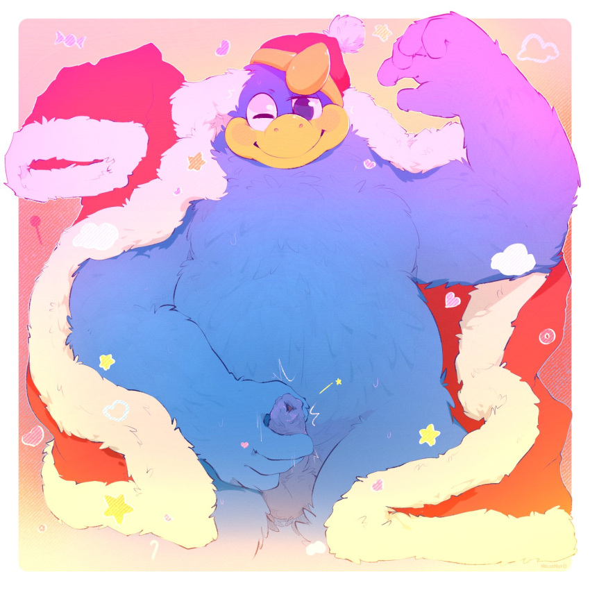 &lt;3 anthro avian balls beak belly bird blue_body blue_eyes blue_feathers blush clothing feathers foreskin genitals hi_res hollo_nut king king_dedede kirby_(series) male masturbation moobs nintendo nude one_eye_closed overweight penis robe royalty solo wink