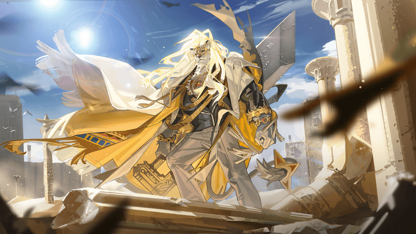animal_ears artist_request bara black_jacket blue_sky broken_pillar brown_pants clenched_hands cloud cuneiform dislyte furry furry_male highres holding holding_sword holding_weapon jacket javid_(shamash)_(dislyte) jewelry leather leather_jacket lion_boy lion_ears lion_mane lion_tail looking_at_viewer non-web_source obelisk official_art pants pillar red_eyes ruins sand sand_dune scarf sky sun_glare sword tail weapon
