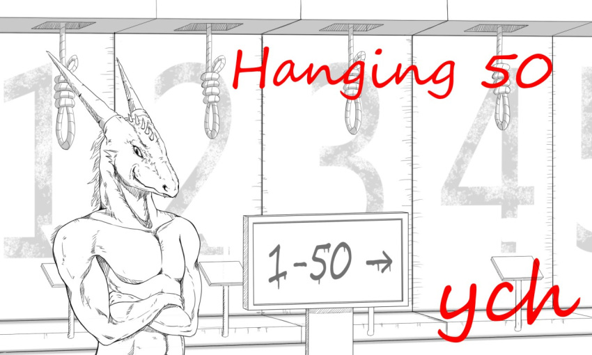 anthro crossed_arms dipingxiangtr.d dragon gallows kobold male muscular noose number numbered_sequence painted_number series sign smile smirk solo ych