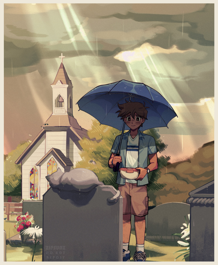 1boy absurdres blue_footwear blush brown_eyes brown_hair brown_shorts church closed_mouth dark-skinned_male dark_skin flower graveyard hero_(omori) highres holding holding_umbrella male_focus omori rain shirt shoes short_hair short_sleeves shorts smile sneakers socks solo tombstone umbrella watch white_shirt white_socks wristwatch zipsunz