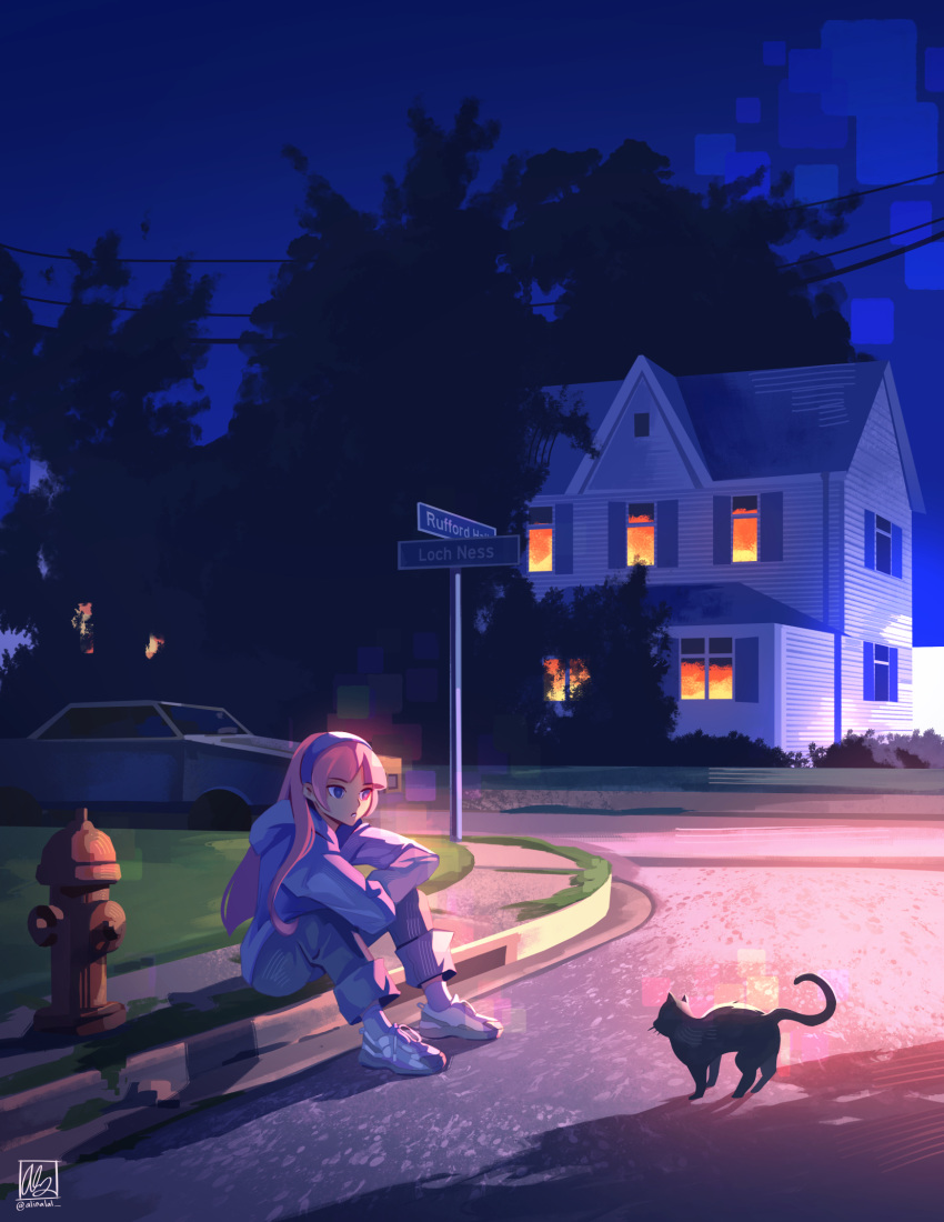 1girl alina_l black_cat car cat fire_hydrant hairband highres hood hoodie house long_hair motor_vehicle night original outdoors pants pavement pink_hair purple_eyes purple_hairband purple_hoodie purple_pants road road_sign scenery sign sitting solo street tree urban white_footwear