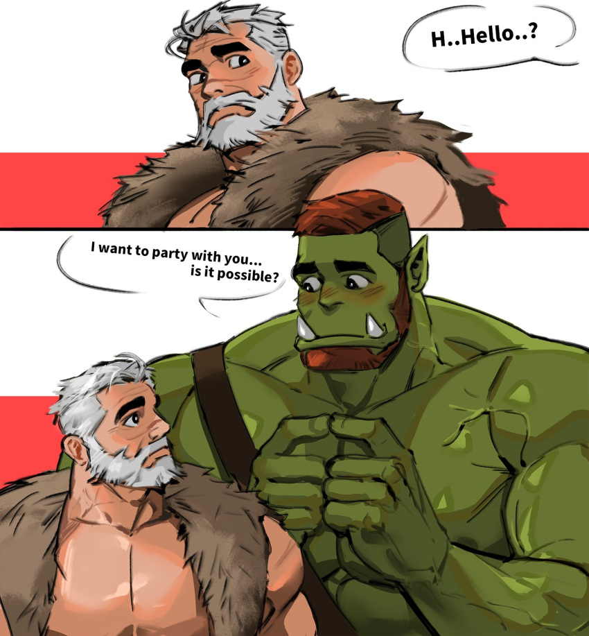 2023 abs anthro barbarian beard biceps blush comic comic_panel dialogue dopq duo english_text facial_hair fangs fur_pelt fur_trim_(clothing) green_body green_skin hair hi_res human humanoid larger_male male mammal muscular muscular_humanoid muscular_male nervous nose_scar orc pecs red_hair shaved_sides size_difference smaller_male speech_bubble teeth text vein veiny_muscles white_hair