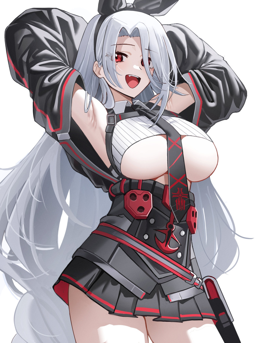 1girl absurdres armpits arms_behind_head arms_up azur_lane black_necktie black_skirt breasts cowboy_shot crop_top highres jeze large_breasts long_hair looking_at_viewer miniskirt mole mole_under_eye necktie open_mouth pleated_skirt prinz_heinrich_(azur_lane) red_eyes simple_background skirt smile solo standing underboob very_long_hair white_background white_hair