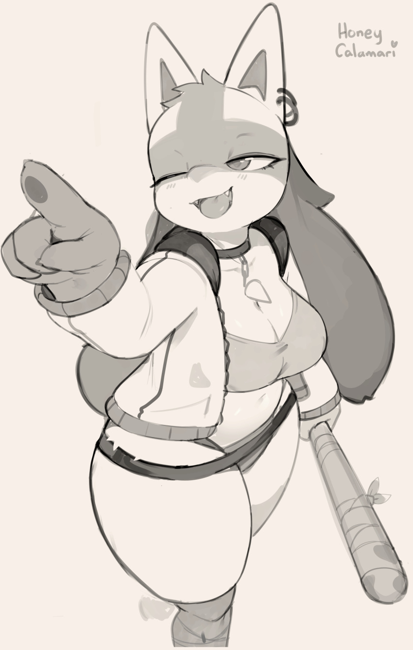 2023 absurd_res anthro baseball_bat bat_(object) biped breasts chest_spike claws cleavage clothed clothing collar crop_top cute_fangs digital_media_(artwork) ear_piercing ear_ring fangs female female_anthro fur generation_4_pokemon gesture grey_background greyscale half-closed_eyes hi_res high-angle_view holding_baseball_bat holding_object honeycalamari jacket lucario medium_breasts midriff monochrome narrowed_eyes nintendo one_eye_closed open_mouth piercing pointing pokemon pokemon_(species) ring_piercing shirt signature simple_background solo spikes spikes_(anatomy) teeth thick_thighs tongue tongue_out topwear walking wink