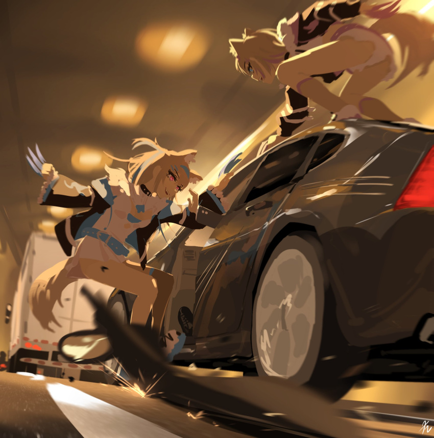 2girls animal_ears belt belt_collar black_collar blonde_hair blue_eyes blue_hair breasts car claws cleavage_cutout clothing_cutout collar commentary dog_ears dog_girl dog_tail dress driving fake_claws frilled_shorts frills fur-trimmed_jacket fur_trim fuwawa_abyssgard hair_ornament hanging_on headband highres hololive hololive_english jacket lamp large_breasts light long_hair mococo_abyssgard motion_blur motor_vehicle multicolored_hair multiple_girls pink_belt pink_eyes pink_hair pink_headband reshanims road short_shorts shorts siblings signature sisters small_breasts sparks streaked_hair tail truck tunnel twins virtual_youtuber white_dress white_shorts x_hair_ornament