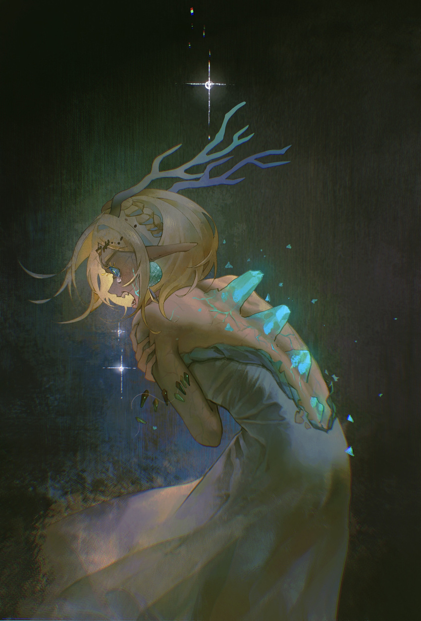abstract_background absurd_res antlers back_spikes blonde_hair blue_eyes bodily_fluids chromatic_aberration clothing dragon dress ear_piercing ear_ring female hair hi_res horn humanoid jewelry jiuminene light_dragon_(totk) mid_transformation necklace nintendo open_mouth piercing princess_zelda ring_piercing shaded short_hair solo species_transformation spike_growth spikes spikes_(anatomy) tears tears_of_the_kingdom the_legend_of_zelda torn_clothing torn_dress transformation vein white_clothing white_dress