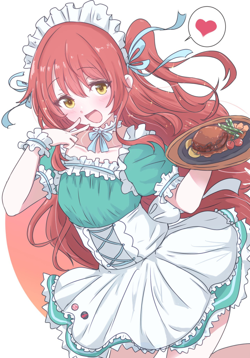 1girl :d alternate_costume apron blue_ribbon blush bocchi_the_rock! breasts collarbone cowboy_shot dot_nose dutch_angle enmaided food frilled_apron frilled_skirt frills giorgio_(yo_sumire_sola1) green_shirt green_skirt hair_between_eyes hair_ribbon hand_up heart highres holding holding_tray kita_ikuyo looking_at_viewer maid maid_headdress one_side_up open_mouth puffy_short_sleeves puffy_sleeves raised_eyebrows red_hair ribbon shirt short_sleeves sidelocks skirt small_breasts smile solo spoken_heart tray v_over_mouth white_apron white_wrist_cuffs yellow_eyes