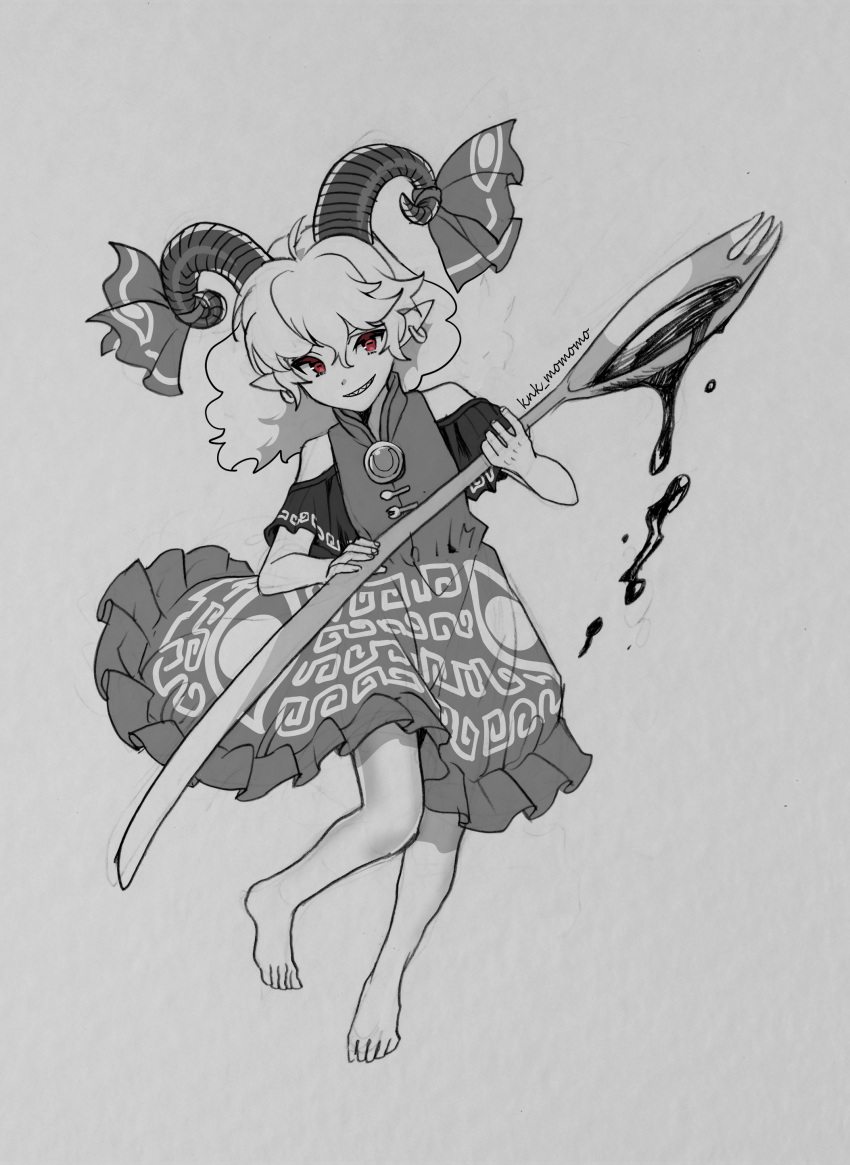 1girl absurdres barefoot curled_horns dress full_body grin highres holding holding_spork horn_ornament horn_ribbon horns kamenozoki_momomo looking_at_viewer monochrome one-hour_drawing_challenge oversized_object red_eyes ribbon sharp_teeth sheep_horns short_hair signature smile solo spork teeth touhou toutetsu_yuuma twitter_username