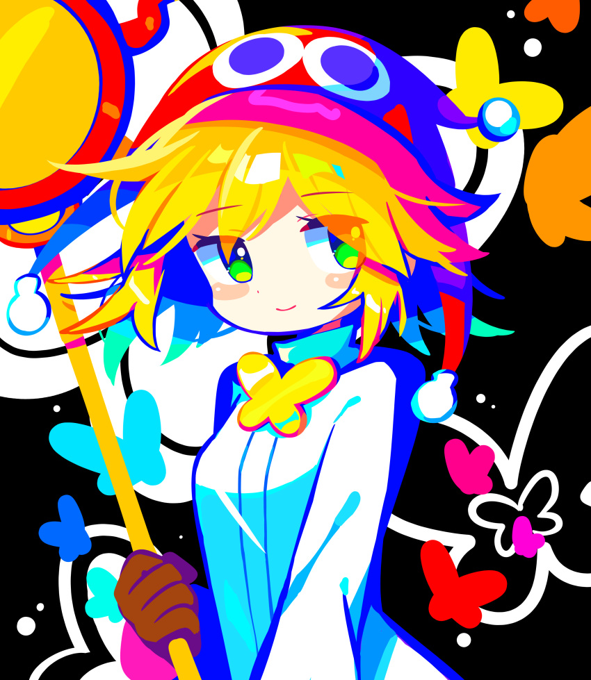 1girl absurdres amitie_(puyopuyo) black_background blonde_hair blush_stickers brown_gloves dot_nose gloves green_eyes highres holding holding_staff long_sleeves looking_to_the_side offbeat puyopuyo puyopuyo_fever red_amitie red_headwear robe short_hair smile solo staff upper_body white_robe