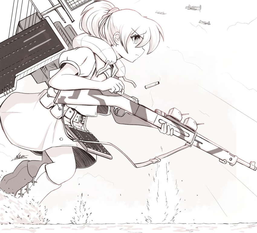 1girl aircraft airplane ammunition_pouch belt belt_pouch bolt_action breasts casing_ejection commentary cross-laced_footwear feet_out_of_frame flight_deck from_side greyscale gun holding holding_gun holding_weapon intrepid_(kancolle) kantai_collection large_breasts m1903_springfield miniskirt monochrome neck_pillow neckerchief ponytail pouch raps_(yohomeboyraps) rifle rigging shell_casing short_hair signature skirt sling solo splashing standing standing_on_liquid under_fire utility_belt water weapon