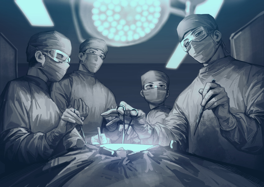 4boys absurdres alternate_costume blue_theme chino1048 doctor ekubo_(mob_psycho_100) gloves glowing goggles hands_up highres holding hospital indoors kageyama_shigeo looking_at_another looking_at_viewer looking_down looking_to_the_side mask medical_scrubs mob_psycho_100 monochrome mouth_mask multiple_boys reigen_arataka rubber_gloves scalpel serizawa_katsuya surgeon surgery surgical_light surgical_mask surgical_scissors