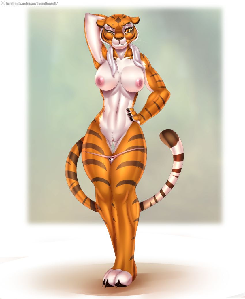 2015 anthro areola biped breasts butt_from_the_front camel_toe claws cleavage clothed clothing doomthewolf dreamworks elid felid female fur genitals hand_behind_head hand_on_hip hi_res kung_fu_panda mammal master_tigress muscular muscular_anthro muscular_female navel nipple_outline nipples one_eye_closed orange_body orange_eyes orange_fur pantherine panties panties_down partially_clothed pussy raised_arm shirt simple_background smile solo standing striped_body striped_fur stripes tank_top thigh_gap tiger toe_claws topless topwear towel underwear underwear_down whiskers white_body white_fur wide_hips wink