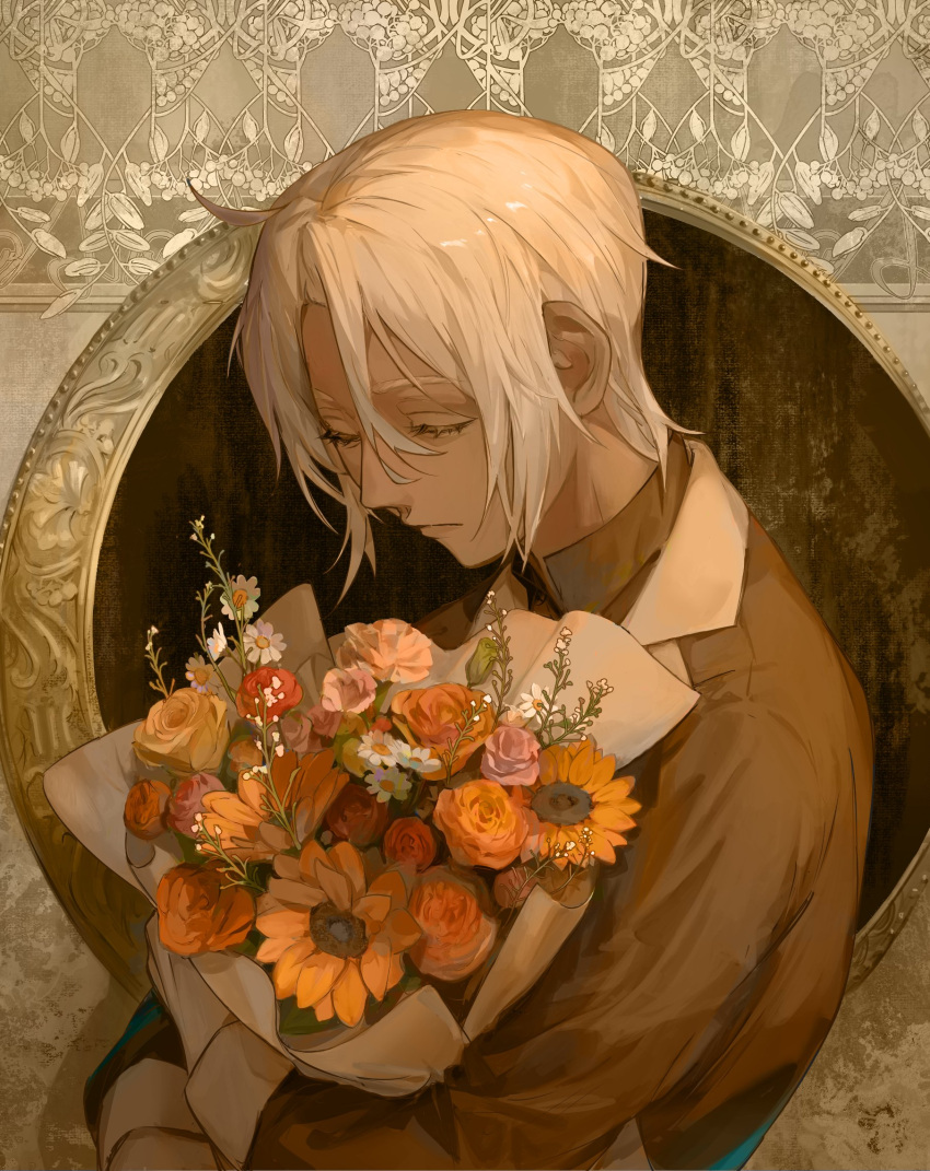 1boy ahoge black_shirt bouquet closed_eyes closed_mouth flower gloves highres holding holding_bouquet leaf male_focus noe_archiviste pink_flower red_flower shirt short_hair sidelocks solo upper_body vampire vanitas_no_carte white_gloves white_hair yellow_flower yoruirooo777