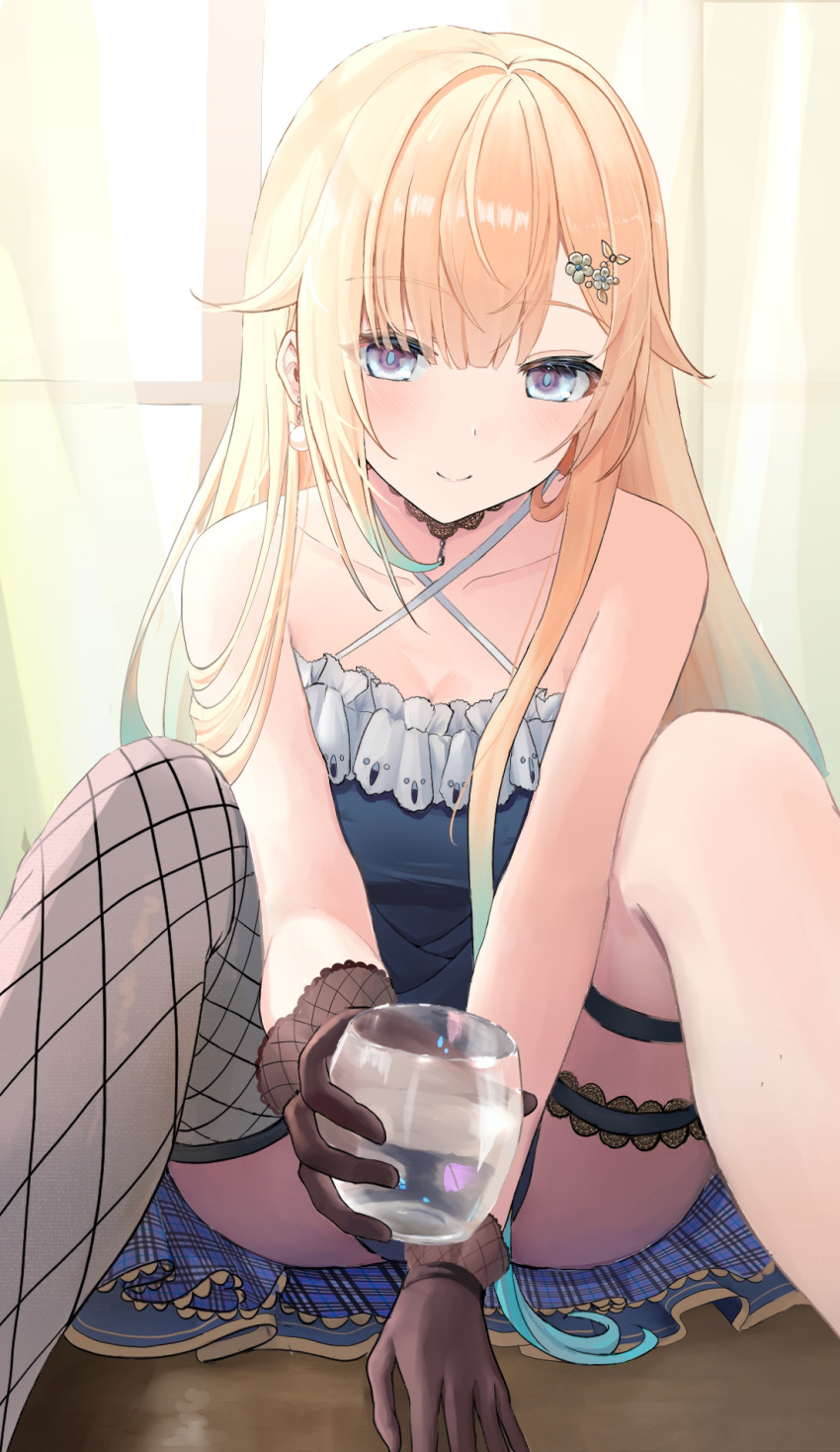 1girl aizawa_ema arm_between_legs bare_shoulders blonde_hair blue_dress blue_eyes blue_skirt blunt_bangs breasts bridal_garter brown_gloves cat_earrings choker criss-cross_halter cup dress drinking_glass fishnet_thighhighs fishnets giving gloves gradient_hair green_hair grey_thighhighs hair_flaps hair_ornament hairpin halter_dress halterneck hanamine800 highres holding holding_cup lace lace_choker lace_gloves lace_trim large_breasts leaning_forward long_hair looking_at_viewer m_legs multicolored_hair plaid plaid_skirt pleated_dress single_thighhigh sitting skirt smile solo thigh_strap thighhighs thighs very_long_hair virtual_youtuber vspo!