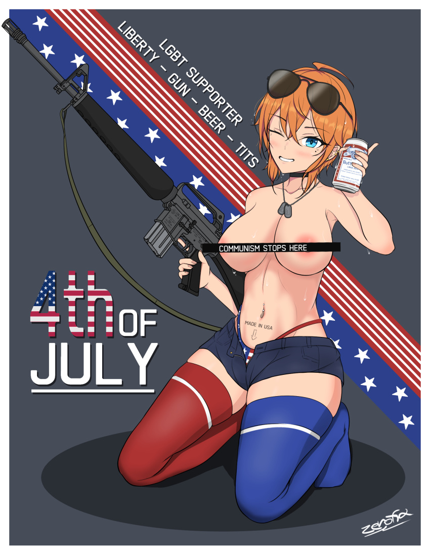 1girl absurdres ahoge american_flag_bikini arrow_(symbol) assault_rifle asymmetrical_legwear bar_censor beer_can bikini bikini_bottom_only bikini_under_clothes blue_shorts blue_thighhighs breasts can censored dog_tags ear_piercing english_text eyewear_on_head flag_print gun highres holding holding_can holding_gun holding_weapon large_breasts m16 micro_shorts mismatched_legwear mole mole_under_eye navel navel_piercing one_eye_closed orange_hair original piercing pun red_thighhighs rifle short_hair shorts smile solo stomach_tattoo sunglasses swimsuit tattoo thighhighs topless weapon zerofid