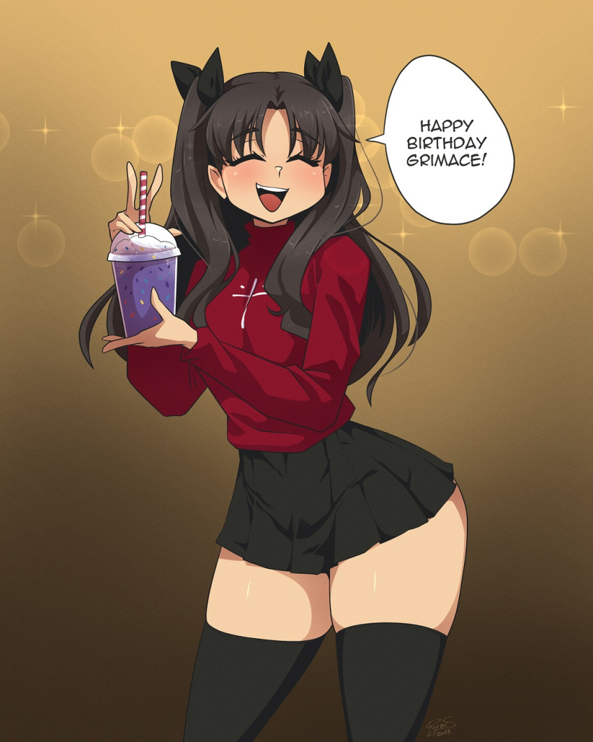 ! 1girl black_hair closed_eyes commentary cup disposable_cup drinking_straw english_commentary english_text fate/stay_night fate_(series) grimace_shake_(meme) highres long_sleeves mcdonald's meme miniskirt open_mouth ryou_sakai skindentation skirt solo speech_bubble teeth thighhighs tohsaka_rin tongue zettai_ryouiki