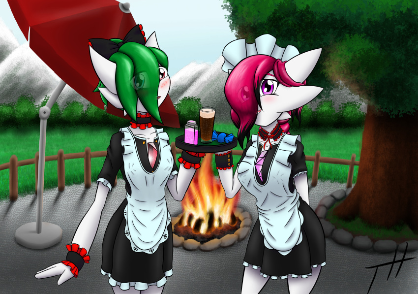 2023 3_fingers absurd_res beverage bonfire clothing detailed_background duo female fingers gardevoir generation_3_pokemon ghostth39 green_hair hair hair_over_eye hand_behind_back happy hi_res humanoid looking_at_viewer maid_apron maid_headdress maid_uniform nintendo not_furry one_eye_obstructed pokemon pokemon_(species) purple_eyes red_eyes red_hair ruby_(ghostth39) serving_tray signature smile smiling_at_viewer uniform