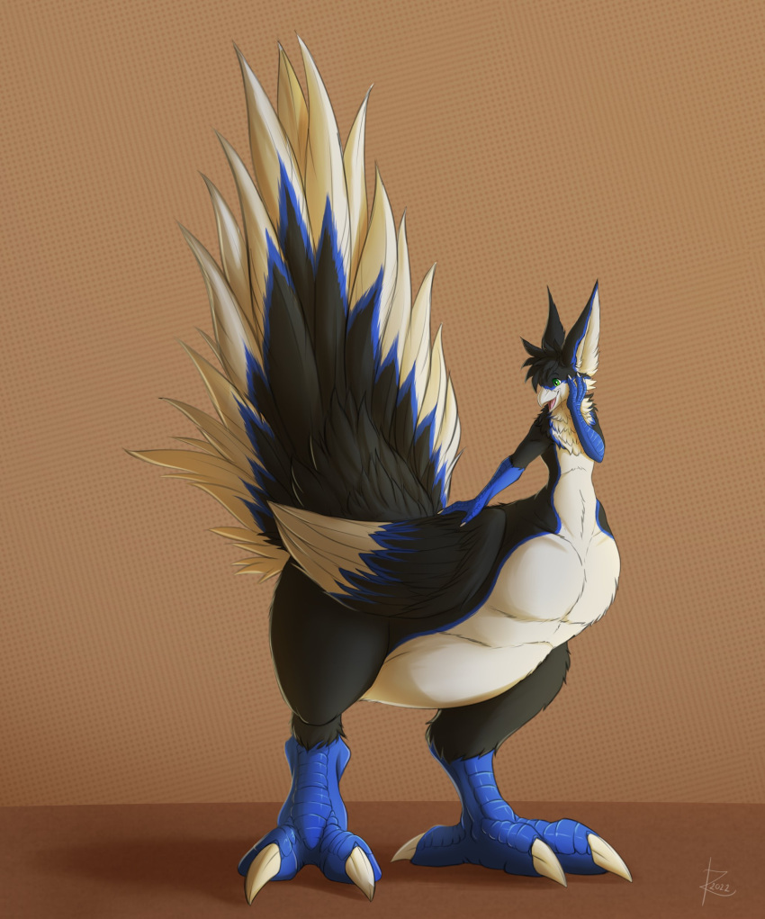 2022 absurd_res avian avian_taur biped biped_taur blue_body blue_skin chocobo_taur claws digital_media_(artwork) digital_painting_(artwork) feathers finger_claws folded_wings green_eyes hand_on_face hi_res male multicolored_body multicolored_feathers neck_tuft nova-drox nude_male nude_taur shadow signature simple_background small_upper_body smooth_shading solo standing tail_feathers taur toe_claws tuft wings year zarakon