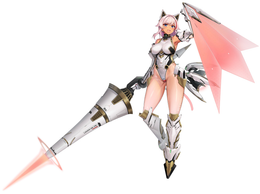 05565 1girl animal_ears armored_boots armpits barcode bare_shoulders black_collar blue_eyes boots breasts cat_ears cat_tail collar dark-skinned_female dark_skin detached_sleeves energy_barrier energy_shield energy_tail energy_weapon english_text fake_animal_ears fake_tail floating full_body gloves gold_trim groin_tendon hair_intakes highleg highleg_leotard highres holding holding_polearm holding_shield holding_weapon huge_weapon impossible_clothes impossible_leotard lancer_mina large_breasts last_origin leotard looking_at_viewer mechanical_ears mechanical_parts medium_hair multicolored_hair official_alternate_costume official_art open_mouth pantyhose pilot_suit pink_hair polearm red_hair see-through see-through_sleeves shield simple_background smile solo streaked_hair tachi-e tail tan tanlines third-party_source transparent_background two-tone_hair weapon white_footwear white_gloves white_leotard