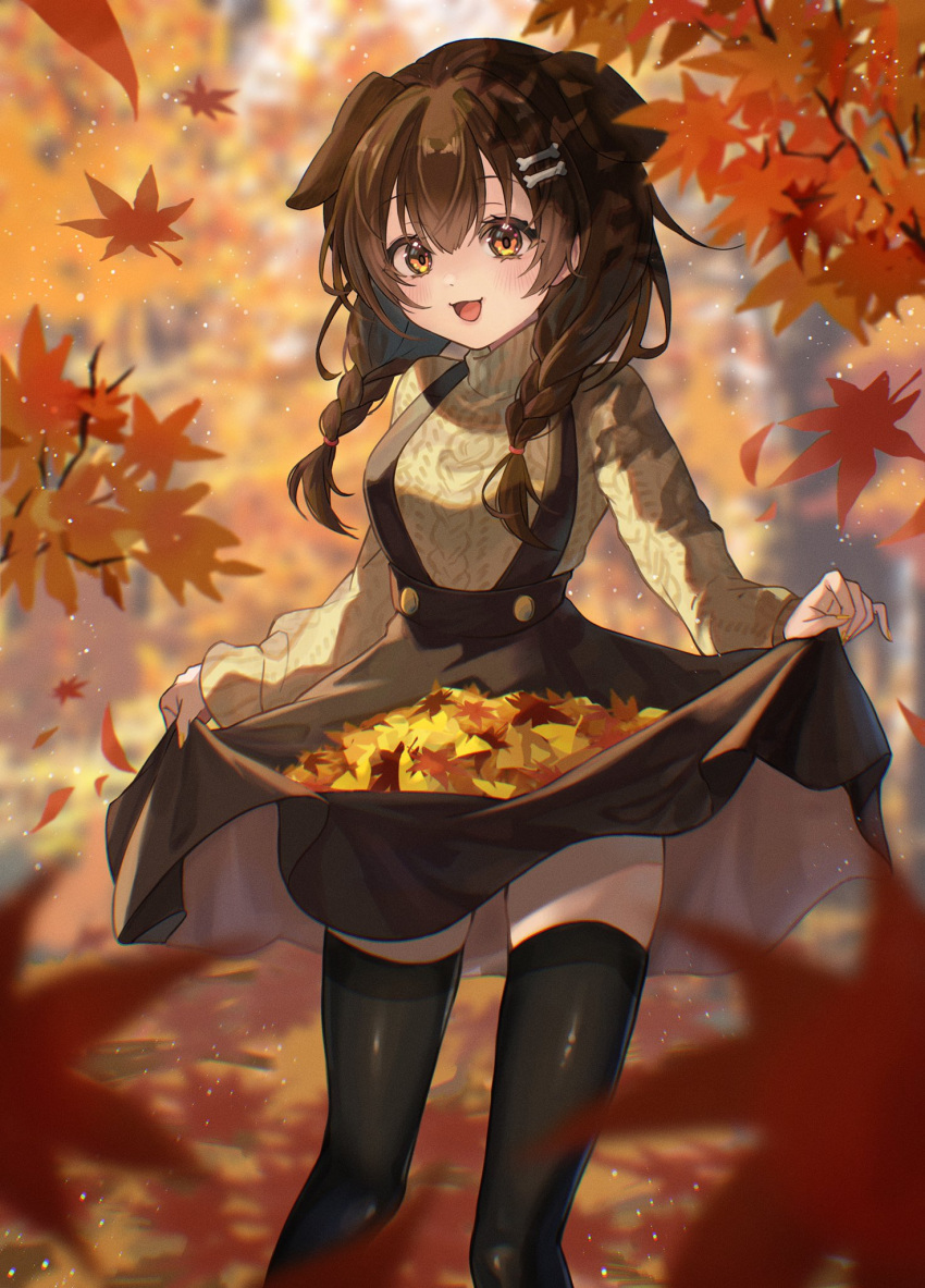 1girl :d alternate_costume animal_ears autumn autumn_leaves bangs black_thighhighs bone_hair_ornament braid brown_hair brown_skirt cartoon_bone commentary_request dog_ears feet_out_of_frame floppy_ears hair_ornament highres hololive inugami_korone long_hair long_sleeves looking_at_viewer open_mouth orange_eyes outdoors skirt skirt_basket skirt_hold smile solo soraneko_(purin_kudasai) suspender_skirt suspenders sweater thighhighs turtleneck twin_braids virtual_youtuber yellow_sweater