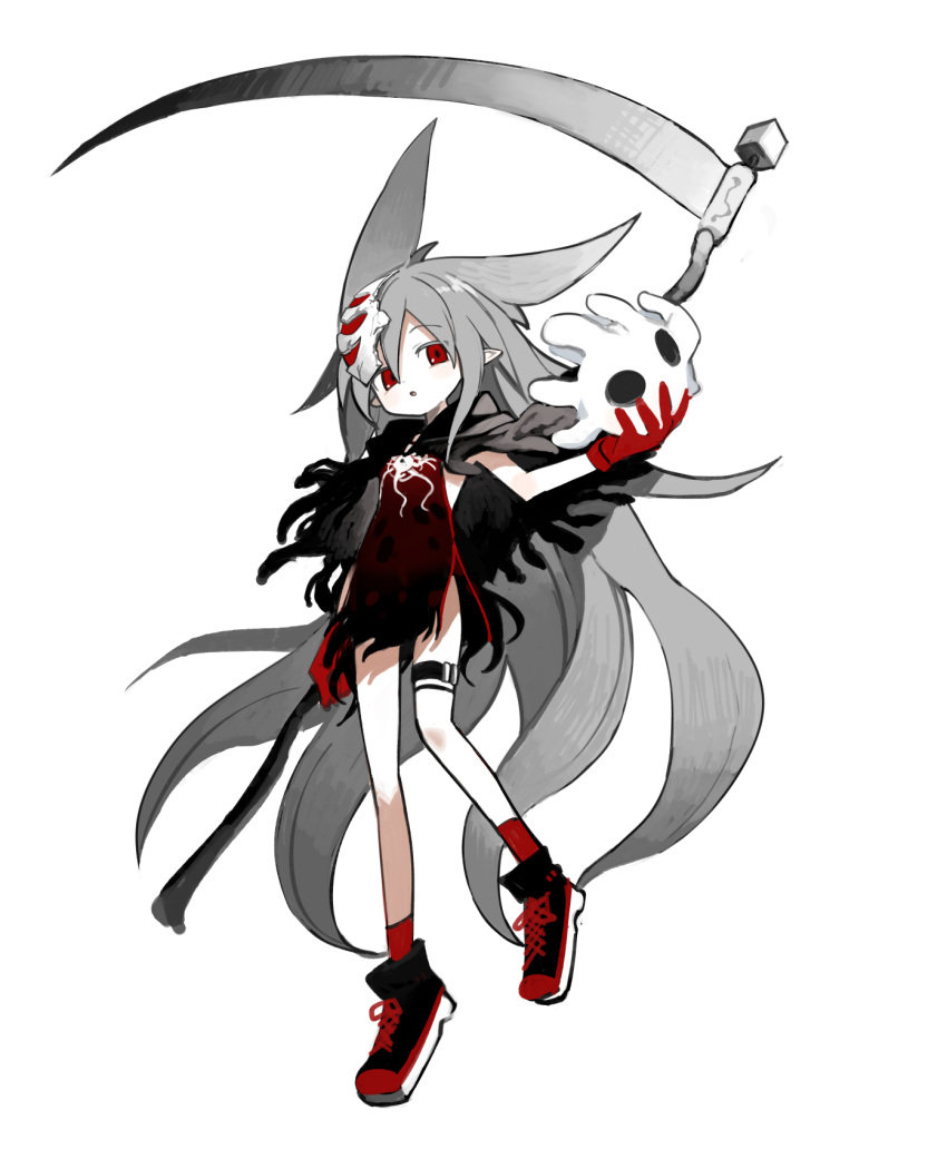 1girl abysmal animal_ears black_capelet broken_mask capelet character_request commentary_request creature extra_ears floating_hair full_body gloves grey_hair highres holding holding_creature holding_scythe kokaki_mumose long_hair mask mask_on_head moneko_(null-meta) naked_tabard pointy_ears red_eyes red_gloves red_socks red_tabard reverse_grip scythe shoes simple_background sneakers socks solo tabard thigh_strap very_long_hair white_background