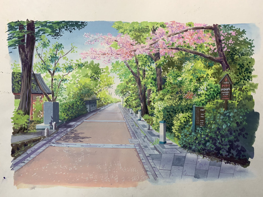building bush cherry_blossoms commentary_request day doremifa84 forest hedge highres nature no_humans original park path plant tree