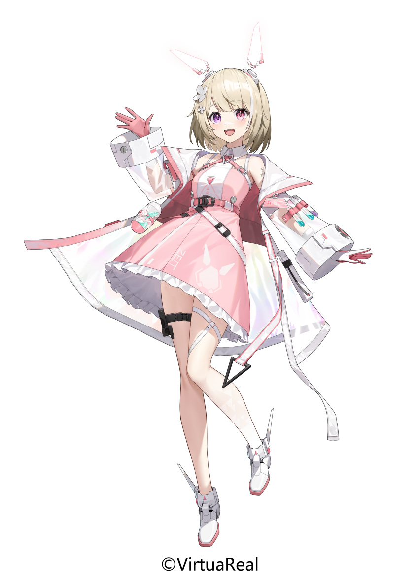 1girl :d absurdres barcode barcode_tattoo bare_legs bare_shoulders belt blonde_hair blush bob_cut breasts coat collared_dress copyright copyright_name dress flower frilled_dress frills full_body gloves hair_flower hair_ornament hand_up headgear heterochromia highres leg_up long_sleeves looking_at_viewer mechanical_shoes medium_breasts mizuki_(virtuareal) nijisanji off_shoulder official_art open_clothes open_coat pink_belt pink_dress pink_eyes pink_gloves potion purple_eyes see-through_coat short_dress short_hair shoulder_tattoo sleeveless sleeveless_dress smile solo standing standing_on_one_leg tachi-e tattoo teeth test_tube thigh_pouch thigh_strap two-tone_gloves upper_teeth_only virtual_youtuber virtuareal waving white_background white_coat white_flower white_footwear white_gloves wide_sleeves