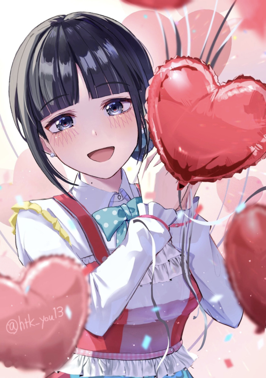 1girl :d aqua_bow balloon birthday black_hair blue_eyes blunt_bangs blush bow collared_shirt confetti frills hands_up head_tilt heart_balloon highres htk_you13 looking_at_viewer mole mole_on_neck nijisanji open_mouth polka_dot polka_dot_bow shirt sidelocks smile solo suzuka_utako suzuka_utako_(1st_costume) twitter_username upper_body virtual_youtuber