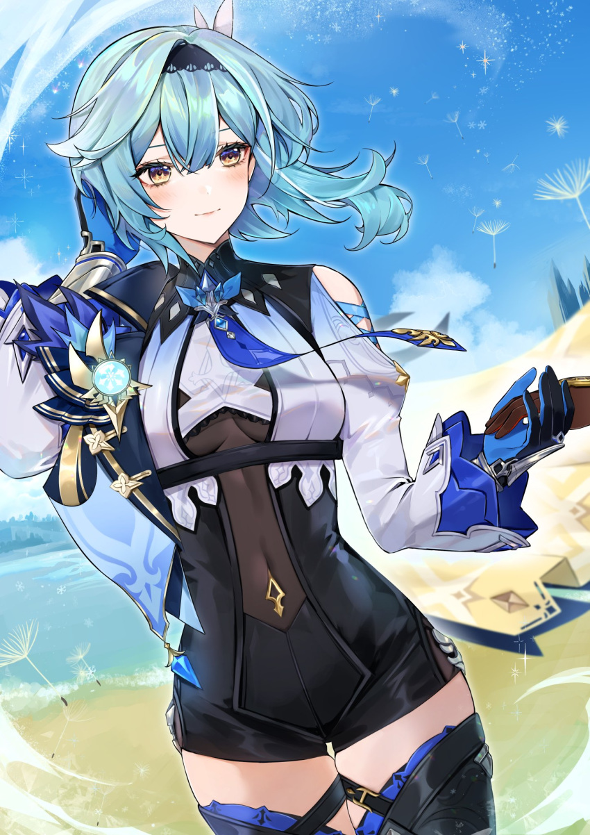 1girl 1other beach black_gloves black_hairband blue_cape blue_gloves blue_hair blue_necktie blue_sky blush boots breasts cape chest_harness closed_mouth clothing_cutout covered_navel cowboy_shot dandelion day eula_(genshin_impact) floating_hair flower genshin_impact gloves hair_between_eyes hair_ornament hairband hand_grab hand_in_own_hair harness high-waist_shorts highres long_sleeves looking_to_the_side medium_breasts medium_hair na_(iru_illust) necktie shorts shoulder_cape shoulder_cutout sidelocks sky solo thigh_boots thigh_gap two-tone_gloves vision_(genshin_impact) white_sleeves wide_sleeves wind yellow_eyes