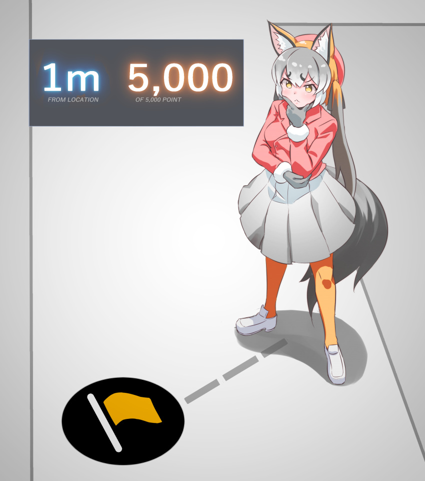 :&lt; absurdres animal_ear_fluff animal_ears beret blush english_text fox_ears fox_girl fox_tail fur_trim geoguessr gloves grey_gloves grey_hair grey_skirt hair_between_eyes hand_on_own_chin hat highres island_fox_(kemono_friends) jacket kemono_friends kemono_friends_v_project loafers long_hair long_sleeves lowlandgorilla multicolored_hair orange_hair orange_pantyhose pantyhose pink_headwear pink_jacket pleated_skirt shoes skirt stroking_own_chin tail twintails two-tone_hair white_footwear white_fur yellow_eyes