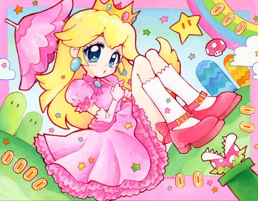 1girl :o blue_eyes crown dress earrings elbow_gloves gloves hair_behind_ear highres hill holding holding_umbrella jewelry looking_at_viewer mario_(series) oceaninspace painting_(medium) parasol pink_dress pink_footwear pink_gloves piranha_plant princess_peach shoes sitting socks solo star_(symbol) star_in_eye super_mushroom super_star_(mario) symbol_in_eye traditional_media umbrella white_socks