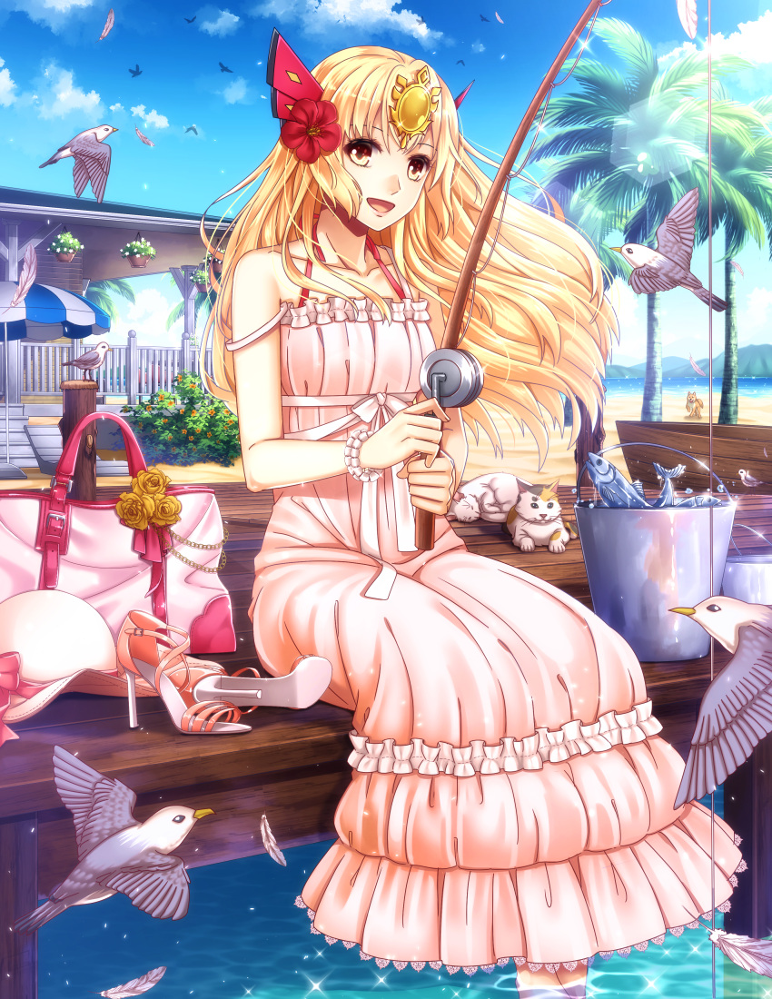 1girl absurdres bird blonde_hair blue_sky blush breasts bush cat cloud commentary dock dog dress english_commentary feathers flower frilled_dress frills full_body hair_flower hair_ornament hanging_plant hat hat_removed headwear_removed high_heels highres long_dress long_hair looking_at_viewer open_mouth original outdoors palm_tree pink_dress pink_headwear red_flower riabels rina_(kaminari-games) seagull shoes shoes_removed sitting sky sleeveless sleeveless_dress small_breasts smile soaking_feet solo sparkle sun_hat tree water white_footwear yellow_eyes