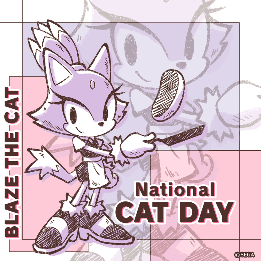 1girl animal_ears apron blaze_the_cat cat_ears cat_girl cat_tail cooking eyelashes forehead_jewel frying_pan fur-trimmed_footwear fur-trimmed_gloves fur_trim gloves high_heels highres holding holding_frying_pan looking_at_viewer official_art purple_fur sega smile sonic_(series) tail topknot white_gloves