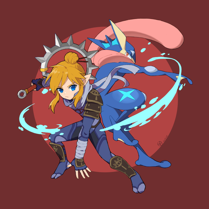 2019 absurd_res action_pose ambiguous_gender anthro back_to_back blonde_hair blue_eyes breath_of_the_wild clothed clothing duo fingerless_gloves fully_clothed generation_6_pokemon gloves greninja hair handwear hi_res holding_melee_weapon holding_object holding_weapon humanoid humanoid_pointy_ears hylian link long_tongue looking_at_viewer male nintendo pokemon pokemon_(species) pose red_eyes rutiwa signature simple_background the_legend_of_zelda tongue water weapon