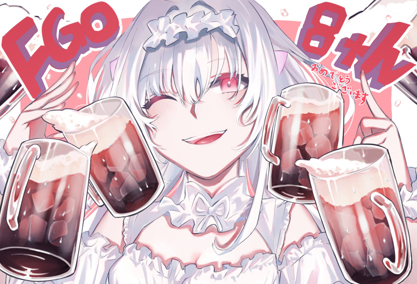 1girl absurdres alcohol aro_16666 bare_shoulders beer beer_mug blush breasts cleavage cleavage_cutout clothing_cutout cup dirndl dress fate/grand_order fate_(series) frilled_hairband frills german_clothes hairband highres long_hair looking_at_viewer medium_breasts merlin_(fate/prototype) mug one_eye_closed open_mouth red_eyes scrunchie smile solo translation_request white_dress white_hair wrist_scrunchie