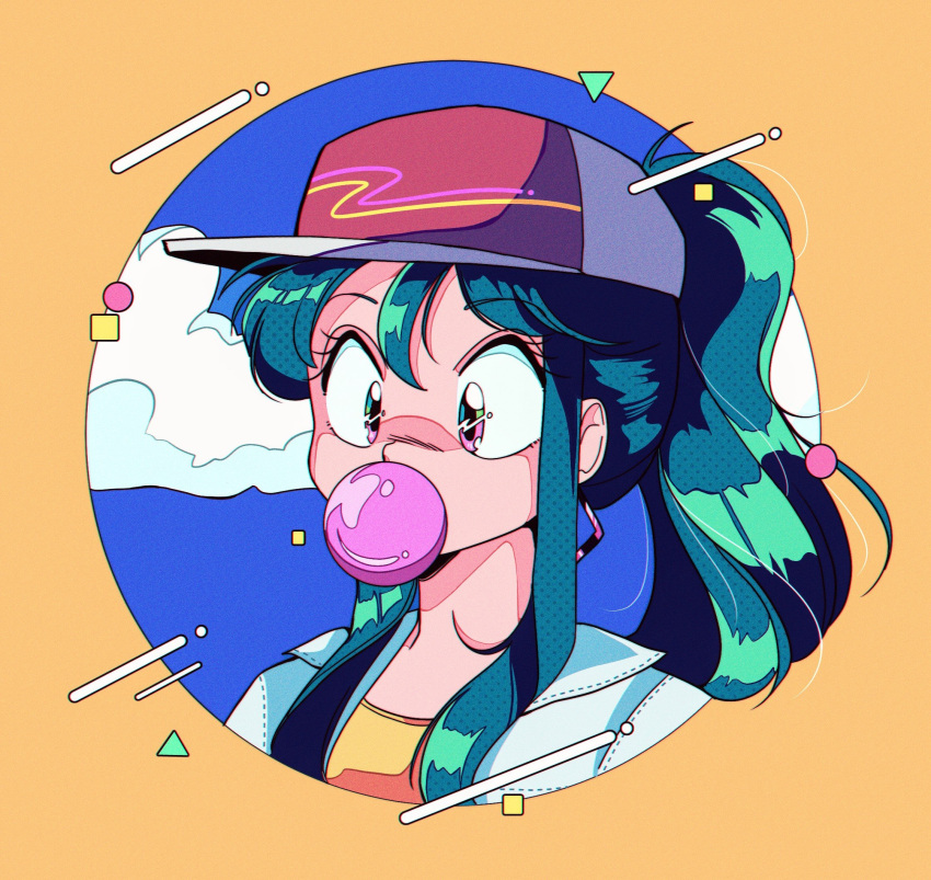 1980s_(style) 1girl baseball_cap chewing_gum cloud earrings hair_behind_ear hat highres jacket jenna_(rainynebula) jewelry looking_down orange_background original ponytail portrait purple_eyes red_headwear retro_artstyle sidelocks sky solo white_jacket