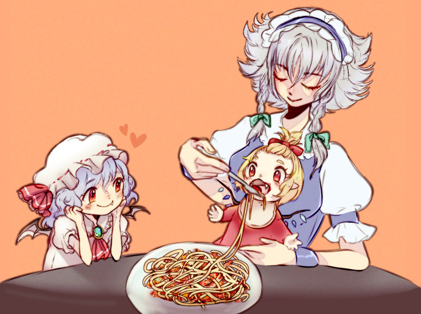 3girls aged_down baby bib blonde_hair braid curly_hair flandre_scarlet food hat highres izayoi_sakuya luo_qiangwei maid mob_cap multiple_girls pasta purple_hair remilia_scarlet spaghetti touhou twin_braids white_hair