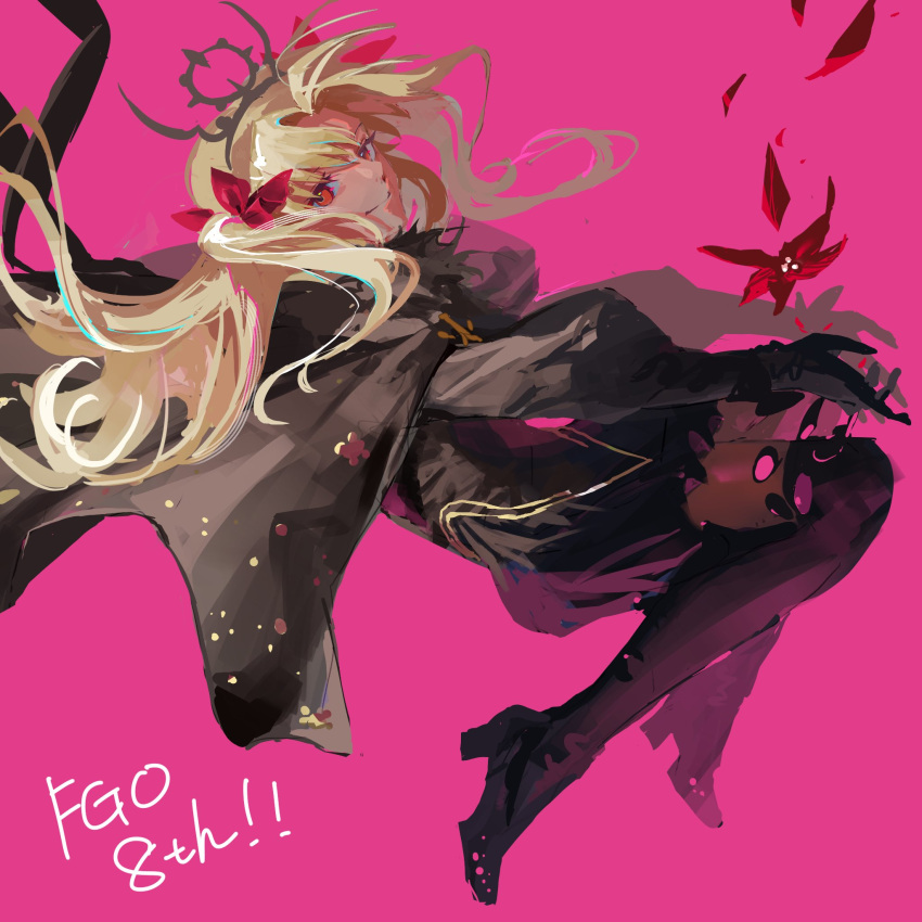 1girl anniversary black_cape black_dress black_footwear black_gloves blonde_hair boots cape dark-skinned_female dark_skin dress ereshkigal_(fate) ereshkigal_alter_(fate) falling_petals fate/grand_order fate_(series) floating flower full_body fur-trimmed_cape fur_trim gloves hair_ribbon high_heel_boots high_heels highres long_hair long_sleeves looking_at_viewer petals pink_background puffy_long_sleeves puffy_sleeves red_eyes red_flower red_ribbon ribbon simple_background smile solo thigh_boots tiara two_side_up ubwmitekure