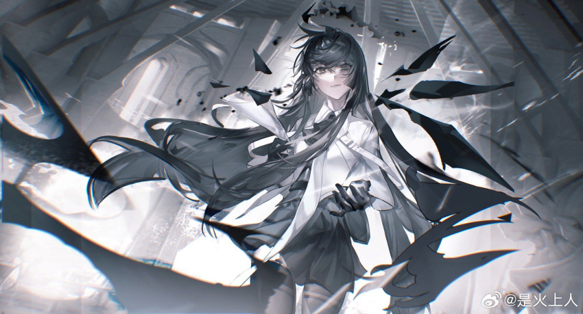 1girl architecture arknights artist_name ascot backlighting belt belt_buckle black_ascot black_belt black_bustier black_eyes black_eyeshadow black_gloves black_hair black_halo black_skirt black_thighhighs black_wings blurry blurry_background blurry_foreground breasts broken_halo buckle bustier chinese_commentary chinese_text chromatic_aberration closed_mouth collared_jacket commentary_request cowboy_shot dark_halo depth_charge detached_wings dress_shirt energy_wings eyelashes eyeshadow floating_hair gloves glowing grey_shirt hair_between_eyes halo hands_up highres holding holding_paper indoors jacket layered_sleeves light_particles light_smile lips long_hair long_sleeves looking_at_viewer makeup miniskirt mole mole_under_eye originium_arts_(arknights) outer_glow pale_skin paper pleated_skirt shirt short_over_long_sleeves short_sleeved_jacket short_sleeves sidelocks skirt solo standing thighhighs very_long_hair virtuosa_(arknights) watermark weibo_5467123439 weibo_logo weibo_username white_belt white_jacket wide_sleeves wing_collar wings zettai_ryouiki