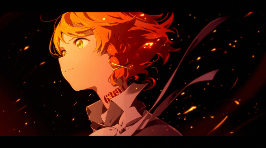 1girl awarin closed_mouth collared_shirt emma_(yakusoku_no_neverland) from_side green_eyes hair_ornament hairpin highres neck_tattoo number_tattoo ribbon shirt short_hair solo tattoo upper_body white_ribbon white_shirt yakusoku_no_neverland