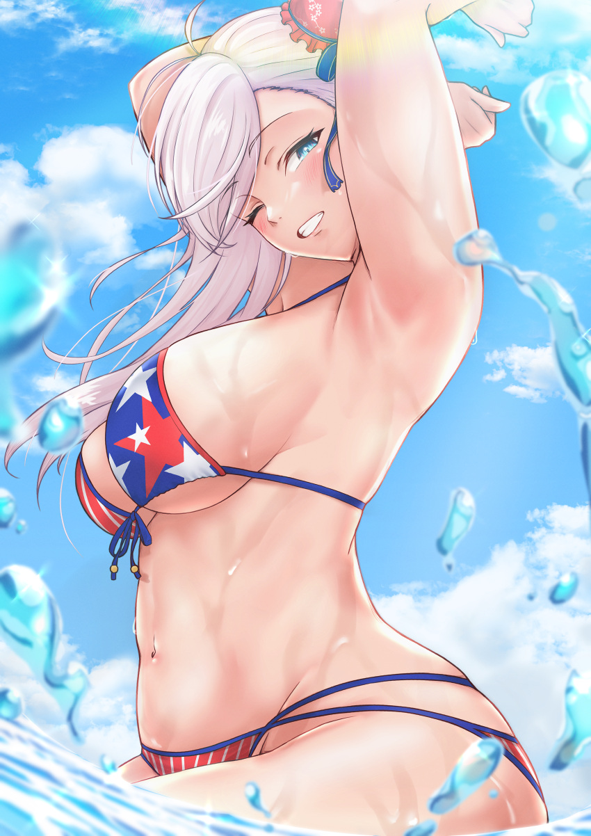 1girl ;d absurdres american_flag_bikini armpits arms_up asymmetrical_bangs bikini blush breasts bun_cover fate/grand_order fate_(series) flag_print front-tie_bikini_top front-tie_top grin groin highres kueru_1285 large_breasts looking_at_viewer miyamoto_musashi_(fate) miyamoto_musashi_(swimsuit_berserker)_(fate) navel one_eye_closed sideboob smile solo splashing swimsuit underboob water_drop white_hair