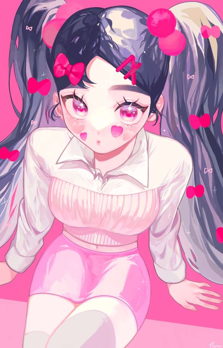 1girl :o black_hair bow eyelashes glint hair_bow hair_ornament heart_stickers highres leaning long_hair long_sleeves looking_at_viewer midriff_peek miniskirt moon_oo8 multiple_hair_bows navel original pink_background pink_bow pink_eyes pink_lips pink_skirt polo_shirt pom_pom_(clothes) ribbed_shirt shirt sitting skirt solo sparkling_eyes sticker_on_face thighhighs twintails very_long_hair white_shirt wing_collar x_hair_ornament