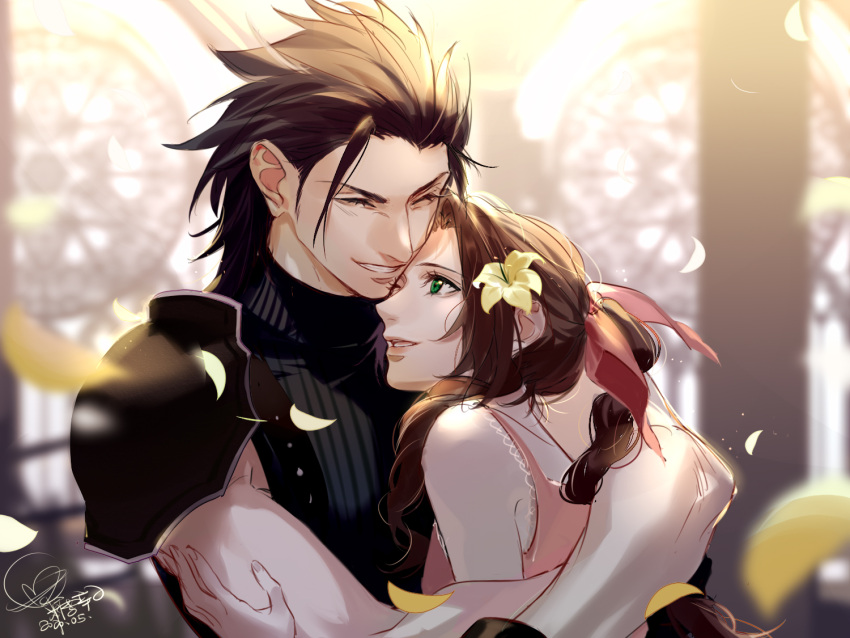 1boy 1girl aerith_gainsborough armor bare_shoulders black_gloves black_hair blurry blurry_background braid braided_ponytail brown_hair church closed_eyes commentary couple crisis_core_final_fantasy_vii dated dress falling_petals final_fantasy final_fantasy_vii flower gloves hair_flower hair_ornament hair_pulled_back hair_ribbon hand_on_another's_arm heads_together height_difference hug indoors long_hair looking_at_another one_eye_closed parted_bangs parted_lips petals pink_dress pink_ribbon ribbed_sweater ribbon shoulder_armor signature sleeveless sleeveless_dress sleeveless_turtleneck smile spiked_hair stained_glass sweater tang_xinzi turtleneck turtleneck_sweater upper_body yellow_flower zack_fair