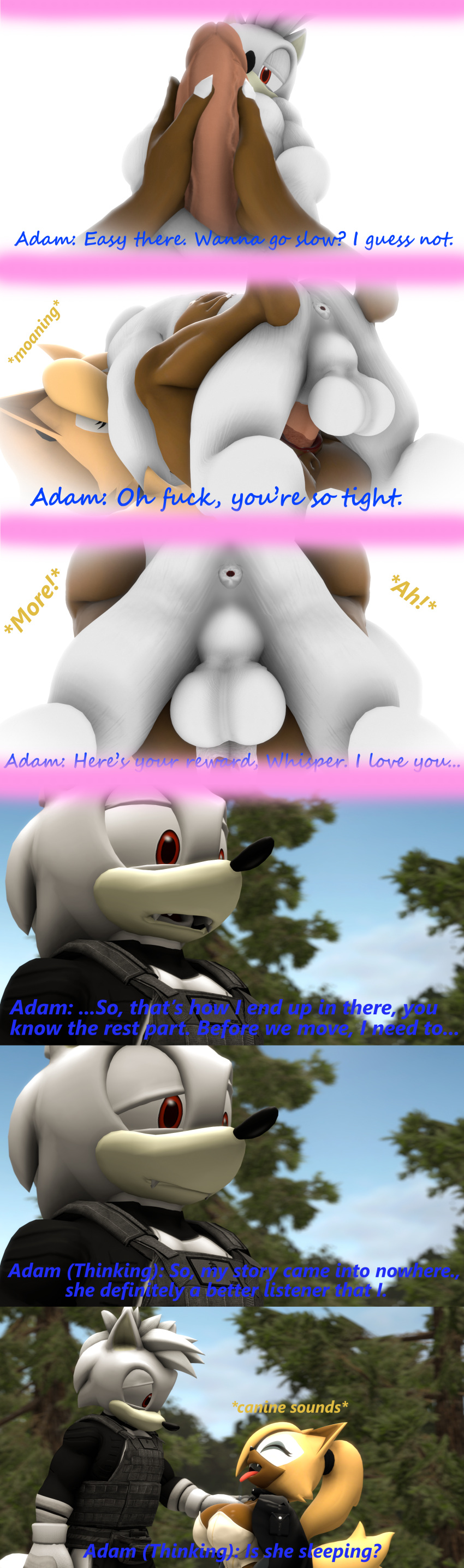 3d_(artwork) absurd_res adam_(juicyducksfm) anal anthro belt blood blurred_background bodily_fluids bodysuit brown_body brown_skin canid canine canis cape clothed clothing comic cum cum_in_pussy cum_inside defloration dialogue digital_media_(artwork) drooling duo embrace erection eye_contact eyes_closed female female_penetrated forest forest_background from_front_position fur genital_fluids genitals gloves half-closed_eyes handwear hi_res hug idw_publishing juicyducksfm knee_pads larger_male looking_at_another lying male male/female male_penetrating male_penetrating_female mammal missionary_position narrowed_eyes nature nature_background nude on_back penetration penis plant pose red_eyes saliva sega sex size_difference skinsuit sleeping smaller_female smile sonic_the_hedgehog_(comics) sonic_the_hedgehog_(idw) sonic_the_hedgehog_(series) source_filmmaker surprised_expression text tight_clothing topwear touching_penis touching_shoulder tree vaginal vaginal_penetration vest virginal_blood whisper_the_wolf white_body white_fur wolf yellow_body yellow_fur