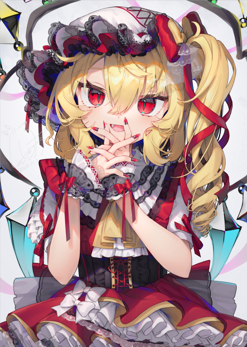 1girl ascot blonde_hair blush crystal dress fang fingernails flandre_scarlet gunjou_row hair_between_eyes hat highres long_fingernails long_hair looking_at_viewer mob_cap nail_polish one_side_up open_mouth petticoat red_dress red_eyes red_nails sharp_fingernails short_sleeves simple_background slit_pupils smile solo touhou upper_body white_background white_headwear wings wrist_cuffs yellow_ascot